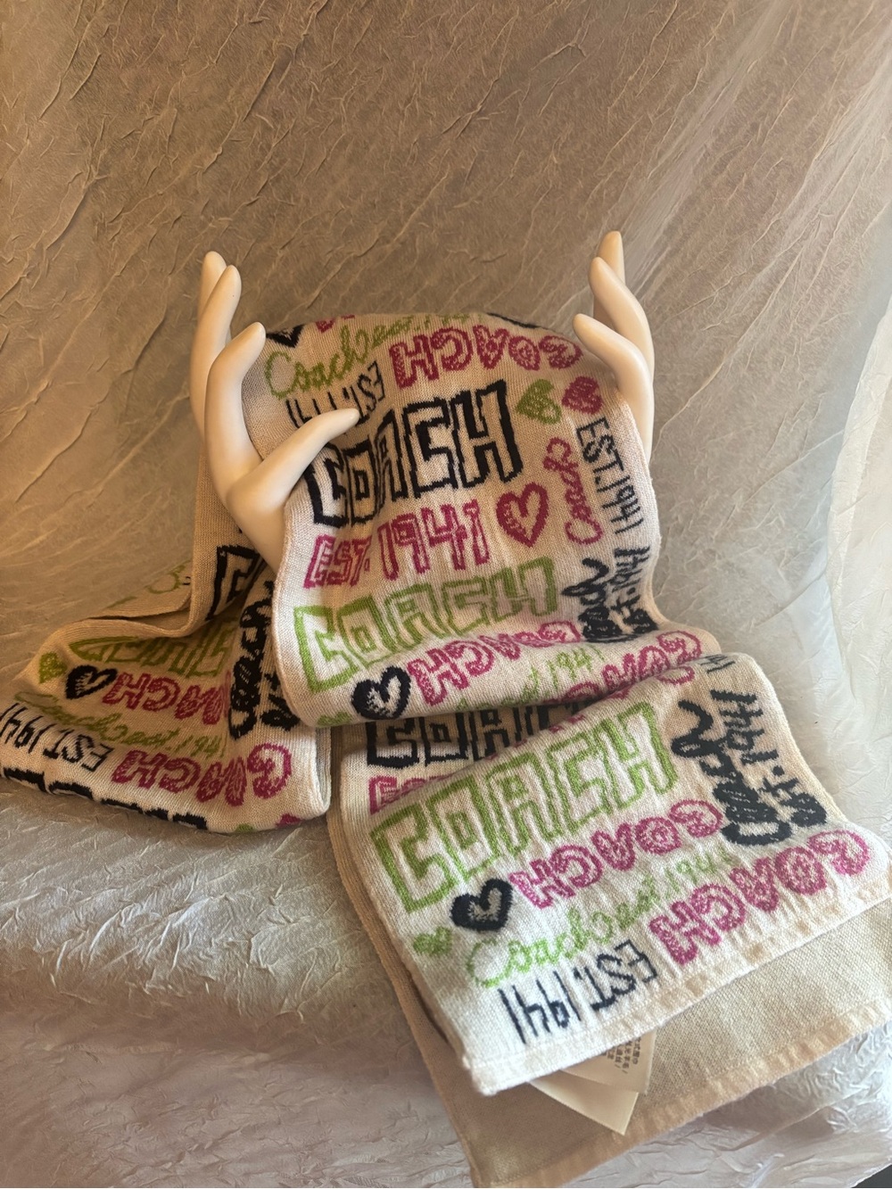 Coach Poppy Graffiti Heart Wool Blend Knit Scarf Est 1941 Y2K 60”